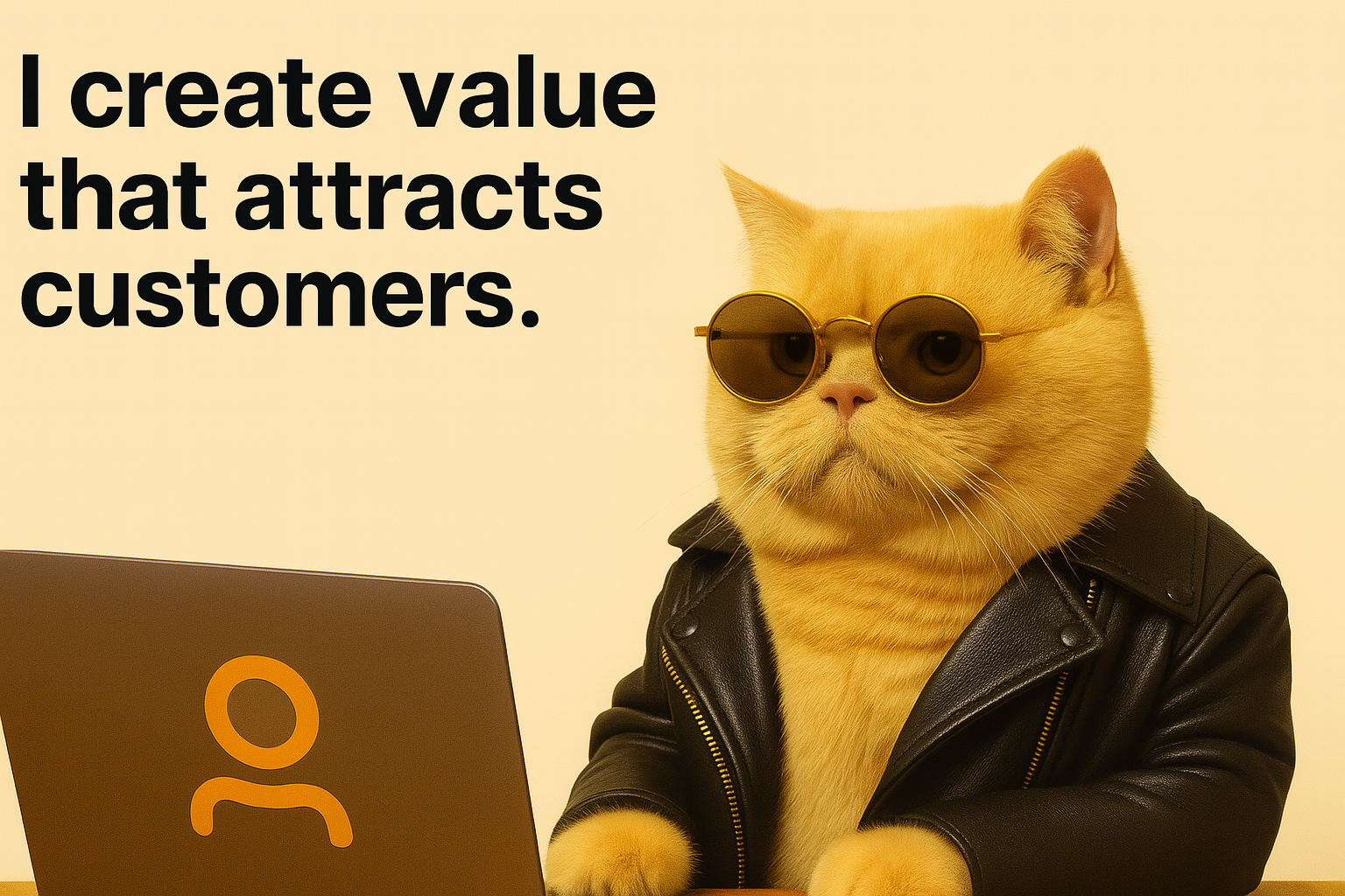 Professional cat with sunglasses and leather jacket working on laptop - I create value that attracts customers